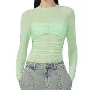AFRM-  Light Green Long-Sleeve Ruched Sheer Top BNWT